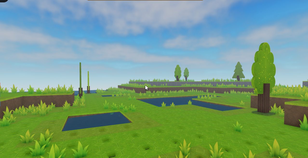 An untouched Mobaco World landscape with grass, water, and trees before building begins.